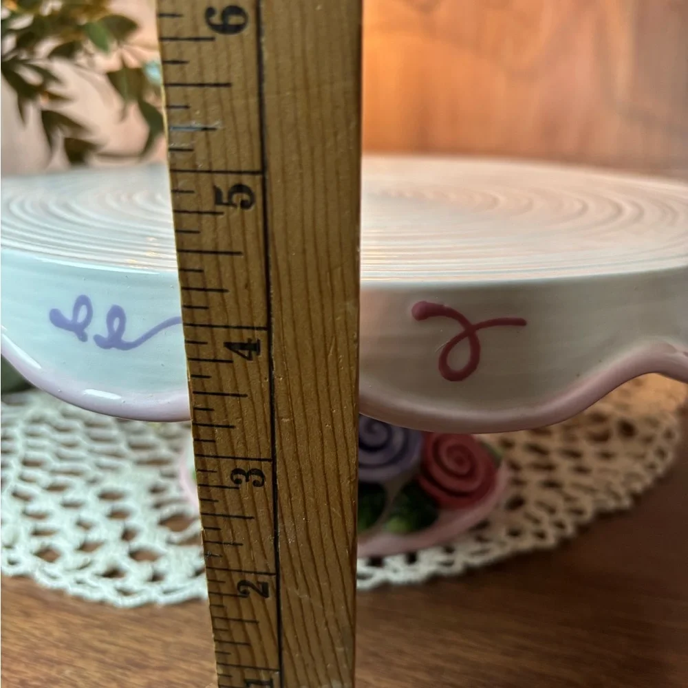 Avon Celebration Cake Pedestal Plate with Pink Rim and Floral Base